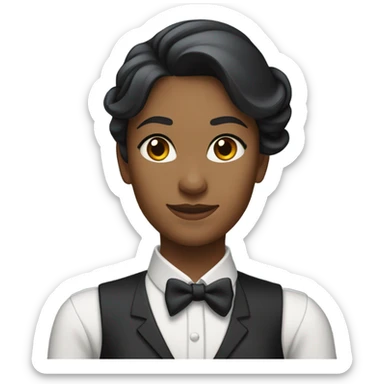 a female butler with a professional and elegant demeanor. She has her hair neatly tied in a ponytail and wears a classic butler uniform, including a tailored vest, crisp white shirt, and bow tie. sticker