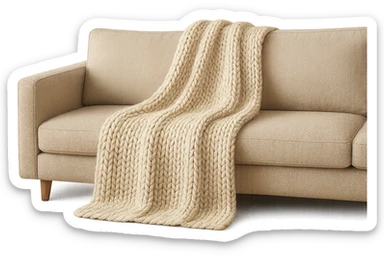 cozy knit blanket draped over a sofa, soft and inviting sticker