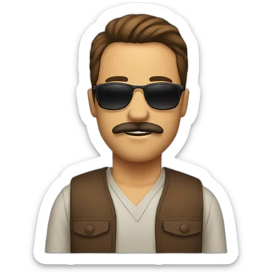 man with brown hear, mustache and beard. he has sunglasses sticker