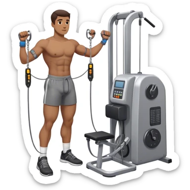 guy standing next to cable-machine with cable tied to ankle-cuffs for leg-side-raise exercise sticker