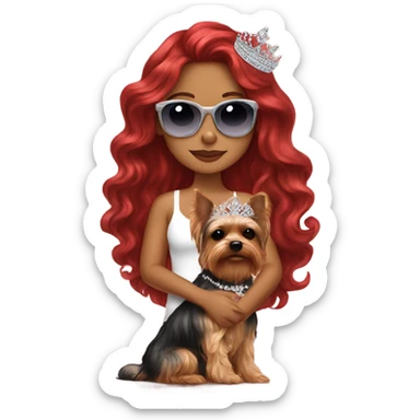 Latina girl red long wavy hair holding her Yorkie with her tiara and sunglasses  sticker