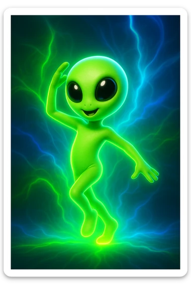 An alien dancing in neon green with a 3D effect and glowing background, in a different pose. Focus on the 3D neon green glow and luminous background. sticker