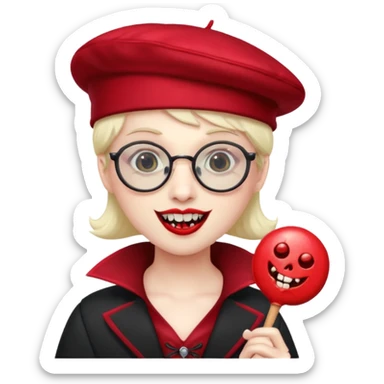 Vampire with lollipop, beret and glasses, teeth looks like vampire sticker