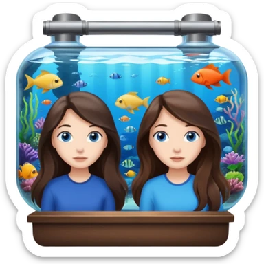 two brunette girls long hair blue eyes looking into a massive aquarium sea life viewing sticker