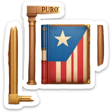 Historic book with theatre stage opening on cover, Puerto Rican flag visible on stage backdrop, wooden frame elements, glowing with warm light suggesting immortality of cultural heritage sticker