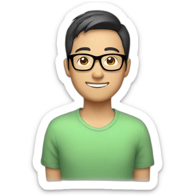 asian man, very short hair, large forehead, black frame glasses, smile, head to shoulder shoot  sticker