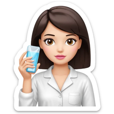 Barbie girl with makeup, bob haircut, short dark brown hair in white pajamas, face gel in hand sticker