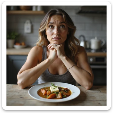 realistic hyper-detailed 4K image of a woman sitting at a table thinking she is eating little, but her plate is rich with condiments like oil, sauces, butter, with a convinced or surprised expression, in a home or kitchen environment sticker