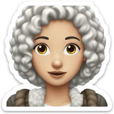 A white girl with curly black hair and snow under her nose sticker