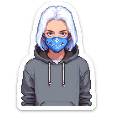 teen in hoodie, blue mask, white hair, simple background sticker