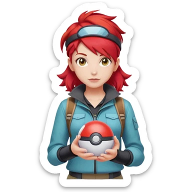 female pokemon trainer with bright red hair, pokeball, adventure outfit sticker