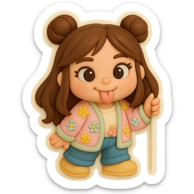 3D chibi fondant cake art style, high-quality rendering with smooth shadows and soft gradients. Girl based on reference image preserving facial features and eye shape exactly as in the reference. Long brown hair in two space buns, brown eyes, jeans, pastel floral cardigan, shoes. Thick white outline like a sticker, transparent background. Sticking out her tongue playfully, looking like a kind tease. Ensure the face, hairstyle, eye shape, and shoes match the reference exactly. sticker