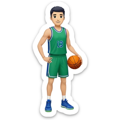 Full Body heavy tall white male with dark short spike hair basketball player wearing blue green uniform smiling sticker