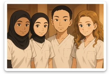 Four nursing students side by side in a warm indoor ambiance, wearing white short-sleeved uniforms with V-neck collar, no collar at the neck, no undershirts, left chest pocket, with variations of soft lighting, in Ghibli style. sticker