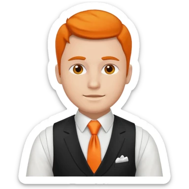 groom in white vest, orange tie sticker