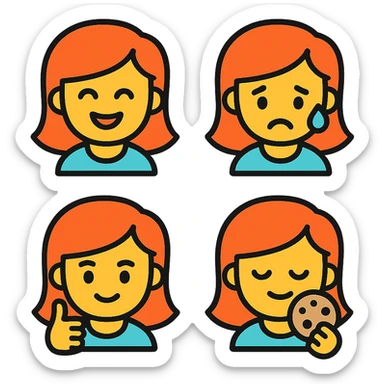 A set of emojis for a Telegram channel called 'Рыжая Начинка' featuring a red-haired girl with various expressions and activities, in the style of colorful outlined icons. sticker