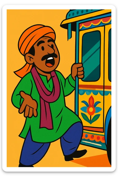 Pakistani bus conductor calling out for passengers, traditional attire, holding onto bus door, lively expression, South Asian features, bright colors, simple background sticker
