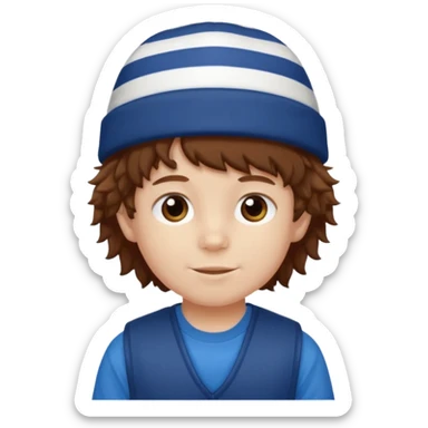 brown fluffy hair kid with blue and white hat dark blue jilet red t shirt sticker
