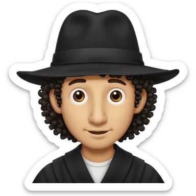A man with a big nose and a black hat like a top hat but round and all black, with a strand of curly hair coming out from both sides of the hat, the strand of hair should be long  sticker