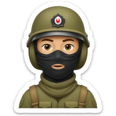 
an Iraqi soldier with a serious face, wearing a helmet and a balaclava covering his mouth sticker