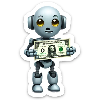 small cute robot holding a dollar bill sticker
