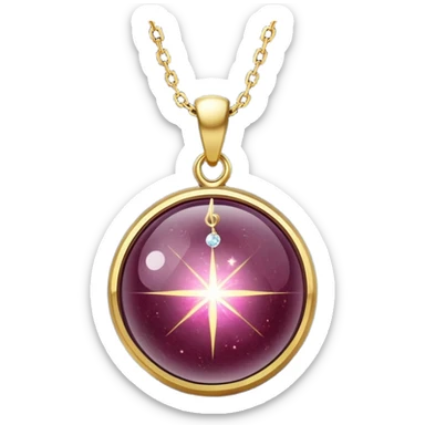 A polished round ball wine granite pendant suspended from a delicate gold chain, like a drop of enchanted starlight, glowing with the warmth of passion and the quiet power of transformation ethereal floating magical moving sticker
