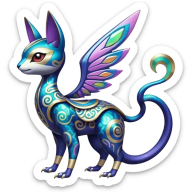 Shiny Colorful Futuristic Ornate Oriental Painted Asian Vernid-Trico-Meloetta-Latias-Koraidon-Peppercat-Protogen-Pokémon-Digimon-Fakémon-fusion-hybrid-creature sticker