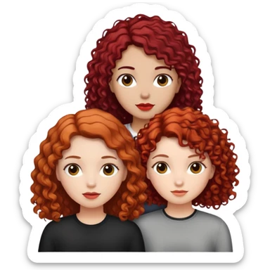 three girls one with dark black and red curly hair, one with long straight brown hair, and one with short blond hair sticker