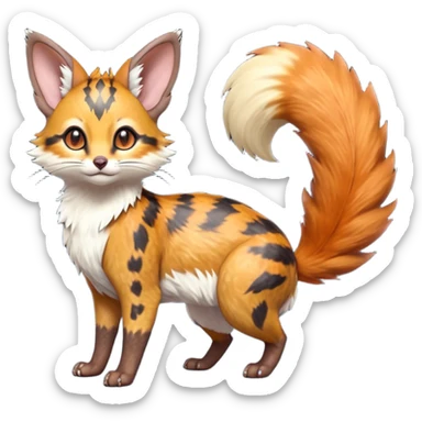 Hyper realistic  ember-rust copper fur molten with glowing magma seams and smoky tips beautiful elegant pretty precious cute  Fakémon-Pokémon-opossum-feline-serval-caracal-chinchilla-Furret-Minccino-hybrid-creature with a big fluffy bushy tail (full body) sticker