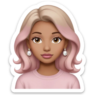 “Emoji girl, soft matte skin, neutral taupe eyeshadow, light rose lips, subtle contour, pearl earrings, loose waves, wearing cream cashmere sweater.” sticker