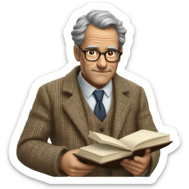 "A middle-aged man with glasses, a regretful expression, and a book or chalk in hand. Wears a tweed jacket." sticker