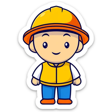 Man of Chinese appearance wearing an orange helmet with a yellow hat visible sticker