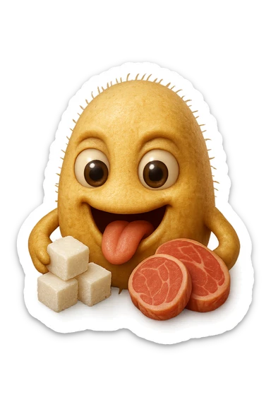 emoji stile iphone realistica di un batterio della candida con espressione affamata che si nutre di zollette di zuccheri e fettine di carne, IPERREALISTICO 4K sticker