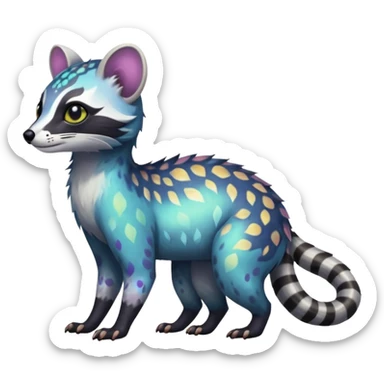 Rare iridescent white exotic epic aesthetic colorful Trico-Civet-species-Fakemon-hybrid-creature, with intricate tattoo markings, full body sticker