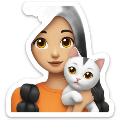 Girl with black hair parted in the middle holds an orange cat sticker