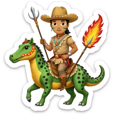 Male Chief Osceola wearing traditional Seminole garb and face paint , riding Appaloosa horse and planting a spear with feathers and flames on tail into alligator sticker