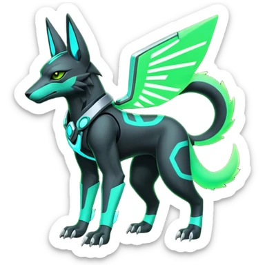 Black and green cyberpunk intricate neon glowing grey white futuristic cyborg-Anubis-Hermanubis-Zeraora-Zoroark-Umbreon-Litten-Salandit-fusion (full body) sticker