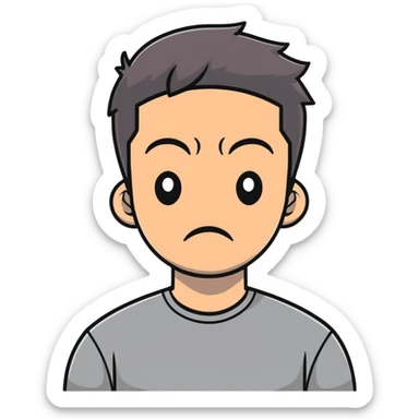 Asian man in a gray shirt with a frown sticker