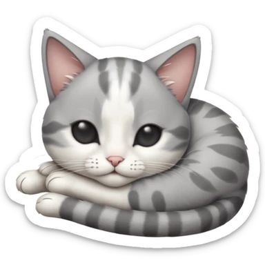 grey and white small cat with eyes closed lying down with its head resting own paw sticker