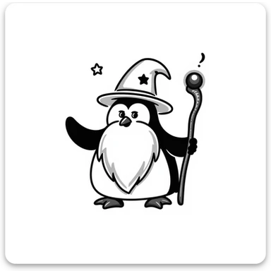a penguin wizard with a long white beard, pointed hat, and magical staff sticker
