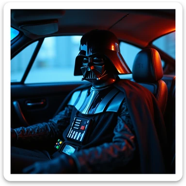 Cinematic shot of a Darth vader sitting in porsche 911, blue and orange lights  sticker