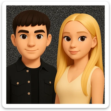 Slightly increase the volume of the upper body of the girl, separate the girl and the boy from each other, and make the skin color the same for both characters. Maintain the cartoonish 3D style as in the reference image. sticker