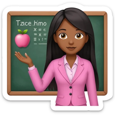 a brown skin teacher with hair with black straight long hair wearing pink not hot pink 2 piece set teaching up on a board sticker