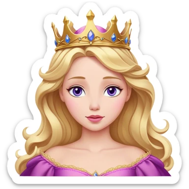 Cinematic Realistic Sleeping Beauty (Aurora) Portrait, with porcelain-like skin featuring a natural rosy flush, illuminated by soft lighting that highlights the gentle contours of her face. Her golden blonde hair flows in soft, detailed waves with subtle highlights that shimmer in the light. Her deep violet-blue eyes radiate warmth and innocence, framed by arched brows and long lashes. Her serene expression exudes quiet elegance. She is dressed in her classic pink gown, the fabric rich in texture with delicate folds that catch the light. A golden crown rests atop her head, gleaming with royal refinement. The portrait captures a soft, glowing aura, blending realism with an ethereal sense of beauty and timeless enchantment. sticker