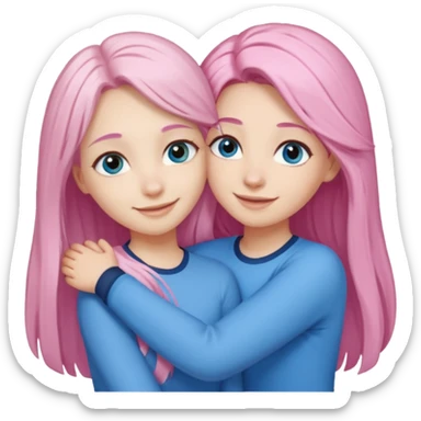 four white grips hugging and smiling    2 girls with brown eyes and long dark brown hair. One girl with long light pink hair and blue eyes, one girl with blue eyes and light blonde hair sticker