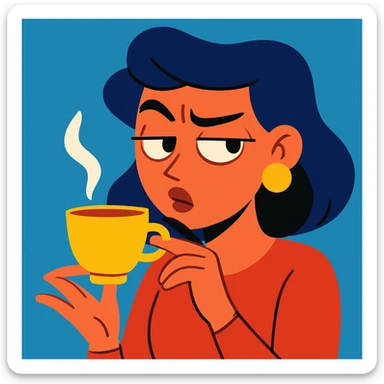 woman giving side eye while sipping hot tea with her pinky up, expressive face, modern cartoon style sticker