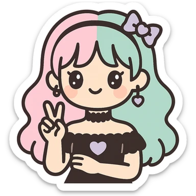 gothic K-pop girl with pastel hair, lace choker, soft colors, dreamy goth style, playful pose, kawaii accessories sticker