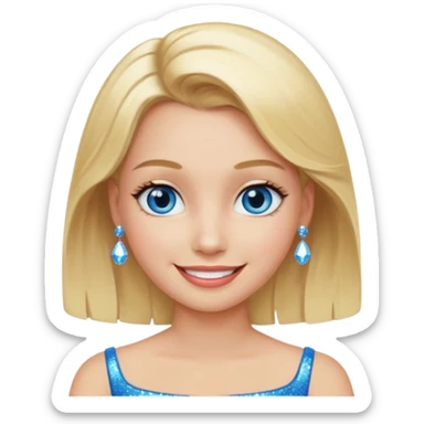 make this real, blond, below shoulder, blue eyes, 50s, sparkle in the eyes, fun, smile, no earings, relaxed style sticker