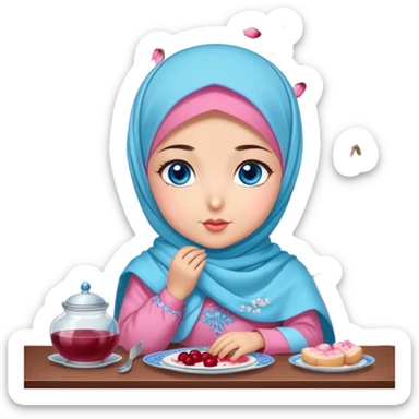 Turkish beautiful finish Konya girl blue eyes with cherry blossom floral pink and baby blue hijab islamic dress and with yummy Drooling face on the table sticker