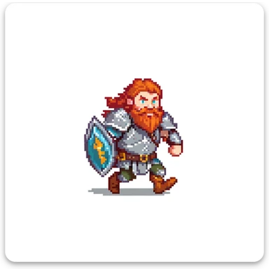 pixel art ginger viking with red beard and armor, running animation frame 2, mid-stride sticker